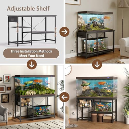 Beuruku 55-75 Gallon Fish Tank Stand with Power Outlet & LED Light, Metal Aquarium Stand with 3 Tier Adjustable Storage Shelves, for Reptile & Turtle Tank, 52" L*19.5" W, Black