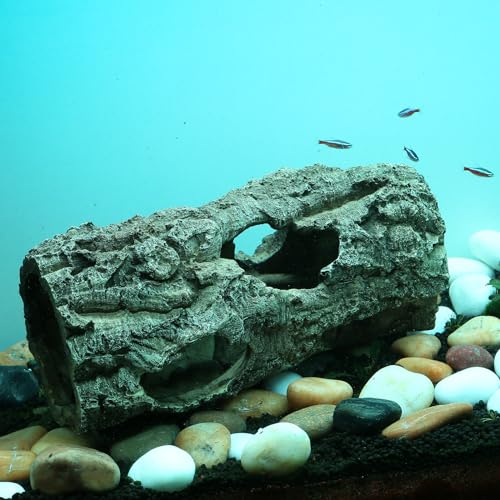 Large Reptile Hides Cave, Aquarium Decor Tree Trunk Fish Tank Decorations | 12’’ Large Fish Tank Decor, Bark Texture, Resin Ornament for Reptile Fish Tank 10+ Gal, Hideout for Fish Lizard Leopard Gecko