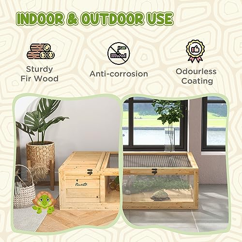 PawHut Wooden Tortoise House Indoor Turtle Habitat Enclosure Outdoor Reptile Cage for Lizards, Geckos, Yellow | Outdoor Reptile Cage, for Lizards, Geckos