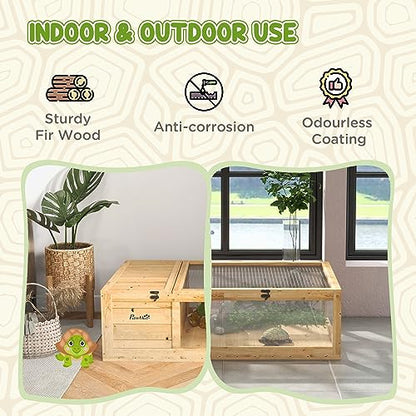 PawHut Wooden Tortoise House Indoor Turtle Habitat Enclosure Outdoor Reptile Cage for Lizards, Geckos, Yellow | Outdoor Reptile Cage, for Lizards, Geckos