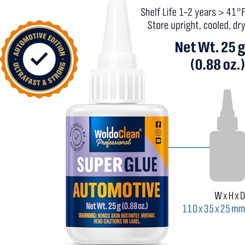 WoldoClean Super Glue for Cars and Trucks 25g - Heavy Duty Automotive Adhesive for Interior Exterior Trim, Emblems, Badges, Bumpers, Decals, Heat Resistant, Waterproof for Plastic, Rubber, Metal