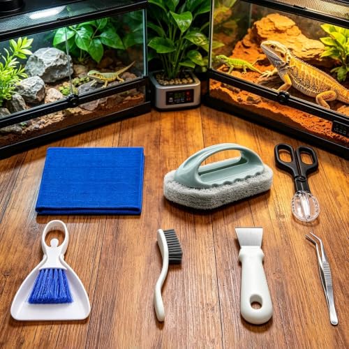 Bearded Dragon Tank Cleaning Kit with Dustpan Brush Feeding Tongs | Bearded Dragon Enclosure Cleaner for Lizard Gecko Snake Turtle Frog Home Terrarium Enclosure