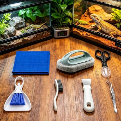 Bearded Dragon Tank Cleaning Kit with Dustpan Brush Feeding Tongs | Bearded Dragon Enclosure Cleaner for Lizard Gecko Snake Turtle Frog Home Terrarium Enclosure