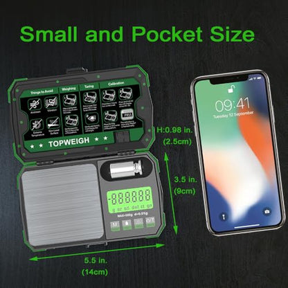 Pocket Scale, Dual Powered, Precision Gram Scale with Zipper Case | Digital Small Coin Scale, Large Backlight Display, 500g x 0.01g, 6 Weighing Units,Cal Weight, USB Cable Included - color: Green