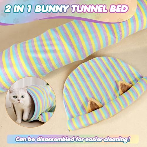 Spardar 2-in-1 Bunny Tunnel Bed, with Removable Mat Hideout,Stripe | Collapsible Tunnel Tubes Toys, Washable, Interactive Toys for Rabbits, Chinchilla, Hedgehog, Guinea, Kitty - color: Stripe