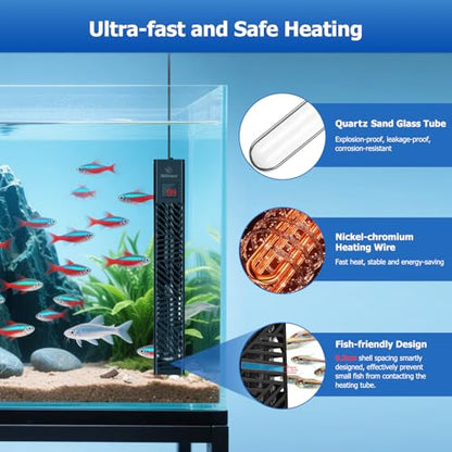 fishkeeper Adjustable Fish Tank Heater 200W/300W for 1-80 Gallon Aquariums | Explosion Proof Submersible Aquarium Heater with LED Digital Display and Overheat Protection for Saltwater & Freshwater Tanks - size: 200W(for 26-53 Gal)