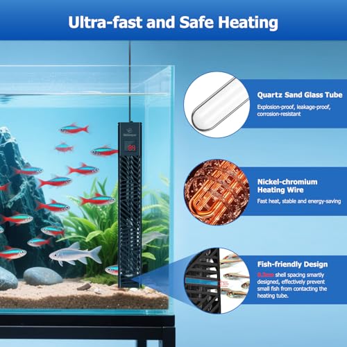 fishkeeper Adjustable Fish Tank Heater 200W/300W for 1-80 Gallon Aquariums | Explosion Proof Submersible Aquarium Heater with LED Digital Display and Overheat Protection for Saltwater & Freshwater Tanks - size: 300W(for 53-80 Gal)