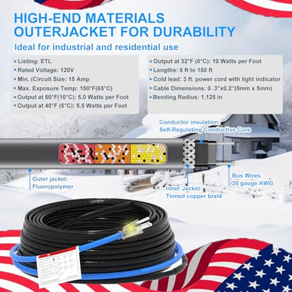6FT Self-Regulating Heating Cable, 120V Corrosion Resistant | Fluoropolymer Heat Cable for Sewage Pipes, Wastewater Systems and Sump Pumps, Provides Freeze Protection in Cold Weather - style: 6FT