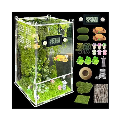 Jumping Spider Enclosure Kit,(Contains All Components) DIY Insects Habitat,Small Reptile Terrarium Glass House Accessories Set,with Temperature and Humidity Detector.5.5“x5.5”x9.5“ (Green)