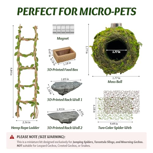 Jumping Spider Enclosure Accessories Kit - Magnetic Moss Ball Hideout, 2 Rock Ledges, Feeding Bowl, Climbing Mesh Nets & Rope Ladder - Natural Forest Habitat Decor for Regal (Moss Cave) - size: Moss Cave without Rope