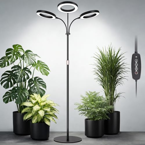 LBW 3-Head Grow Light with Stand for Indoor Plants, Full Spectrum Grow Light for Tall Large Plants, Adjustable Height up to 68", Auto Cycle Timer 6/8/12/16H, 5-Level Dimming, 3 Lighting Modes, Black - size: 3 Head 6.3" Black