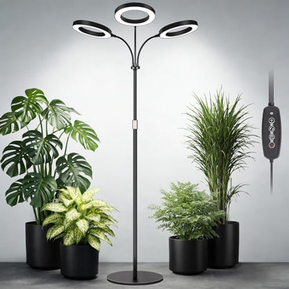 LBW 3-Head Grow Light with Stand for Indoor Plants, Full Spectrum Grow Light for Tall Large Plants, Adjustable Height up to 68", Auto Cycle Timer 6/8/12/16H, 5-Level Dimming, 3 Lighting Modes, Black - size: 3 Head 6.3" Black