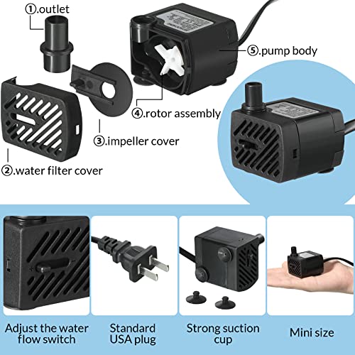 Lounsweer 6 Pcs Small Fountain Pump 50gph Mini Submersible Water Pump with 3.3 ft Tube 3W Quiet Water Fountain Pumps for Fish Tank Hydroponics Fountains Ponds Aquariums