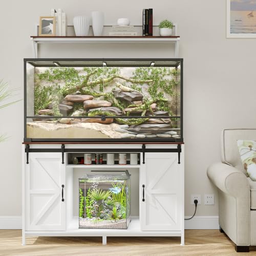 VOWNER 48"x24"Reptile Tank Stand with Power Outlet & Storage Cabinet, White | Fits up to 120 Gallon Bearded Dragon Tank, Sliding Barn Doors, Heavy Duty Aquarium Stand, Reptile Turtle Terrarium Stand - color: White + Walnut