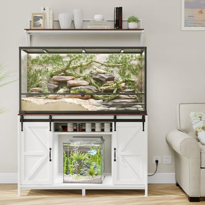 VOWNER 48"x24"Reptile Tank Stand with Power Outlet & Storage Cabinet, White | Fits up to 120 Gallon Bearded Dragon Tank, Sliding Barn Doors, Heavy Duty Aquarium Stand, Reptile Turtle Terrarium Stand - color: White + Walnut