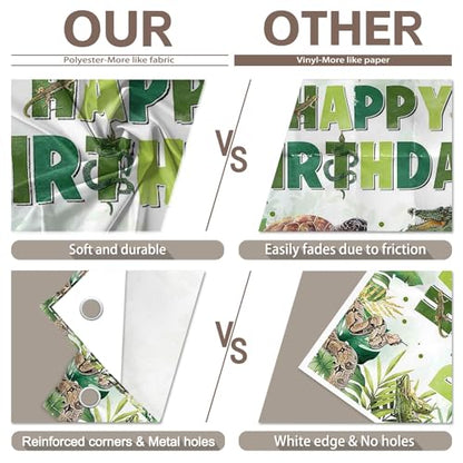 Fabric 72x43inch Reptile Birthday Backdrop Jungle Wild Banner | Tropical Rainforest Lizard Snake Turtle Alligator Palm Leaves Background, Kids Adult Party Decorations, Photo Props - size: 72x43inch