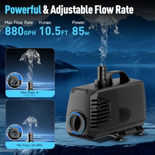 880GPH Submersible Water Pump, Water Fountain (85W 3200L/H) with 10.5FT High Lift Adjustable & 3 Nozzles & 16.4FT Cord, Ultra Quiet Aquarium Pump for Pond Fountain Waterfall Hydroponics-Q105 - size: 880GPH