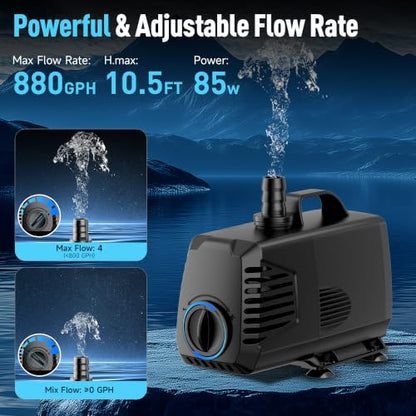 880GPH Submersible Water Pump, Water Fountain (85W 3200L/H) with 10.5FT High Lift Adjustable & 3 Nozzles & 16.4FT Cord, Ultra Quiet Aquarium Pump for Pond Fountain Waterfall Hydroponics-Q105 - size: 880GPH