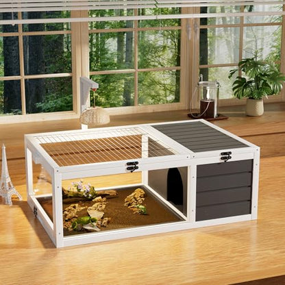 Reptile Habitat Tortoise House with Lamp Holder, 3 Acrylic Observation Windows, 2 Waterproof Trays, Lockable Top, Wooden Enclosure for Turtles, Lizards, Snakes, and Small Pets