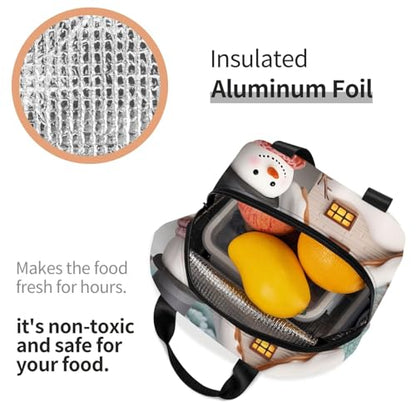 Insulated Lunch Bag Snowman and Village Lunch Box for Women Men Reusable Leakproof Lunch Cooler Bag for Office Picnic - color: Snowman And Village
