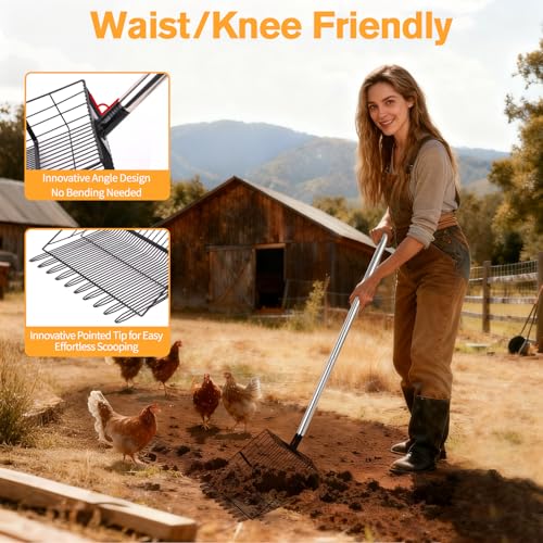 Reptilux Chicken Poop Scooper Adjustable Long Handle - Stainless Steel Sifter Shovel for Sand & Hemp Bedding - Metal Coop Scoop Rake - Chicken Accessories for Poultry, Dog & Cat Litter