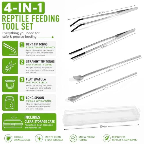 4PCS-Rubber Tip Feeding Tongs for Reptiles Extra Long Stainless Steel Reptile Feeding Tongs Terrarium Tools Feeder for Lizards Bearded Dragon Snake Enclosure Tank Accessories