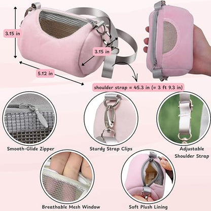 Dwarf Hamster Carrier Backpack Travel Bag, Dwarf Hamster Carry Pouch With Liner And Adjustable Lightweight Tether, Breathable Soft Outgoing Sleeping Travel Bag For Small Pets Squirrels Reptiles (Pink)