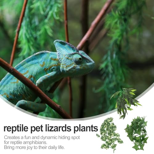 3pcs Reptile Habitat Artificial Vine Plants with Suction Cups, Leaf Green 12-inch and Two 30cm Vines, Terrarium Decor for Lizards, Geckos, and Snakes