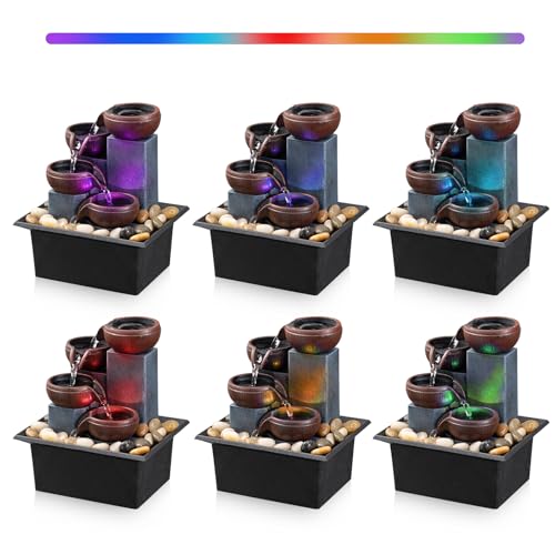 Tabletop Fountain 4 Level Small Waterfall Fountain Indoor Relaxing Water Feature Meditation Fountain for Home Office Bedroom Decoration Including LED Lighting Natural Rocks as Festival Gifts