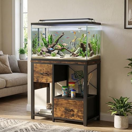 20-29 Gallon Fish Tank Stand, Aquarium Stand with Power Outlet | Heavy-Duty Metal and Wood Aquarium Stand with 6-Leg Support and 4-Tier Open Storage Shelves - color: Brown
