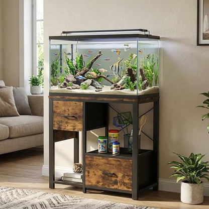 20-29 Gallon Fish Tank Stand, Aquarium Stand with Power Outlet | Heavy-Duty Metal and Wood Aquarium Stand with 6-Leg Support and 4-Tier Open Storage Shelves - color: Brown