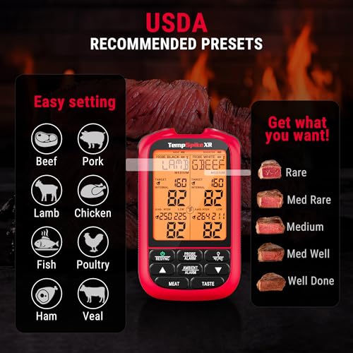 TempPro TempSpike Wireless Meat Thermometer Digital with 2 Probes | 2000FT Range, Ultra-Thin Meat Probe, Temperature Alarm For Smoker, BBQ, Grill, Turkey, Previously ThermoPro - style: 2000ft Red
