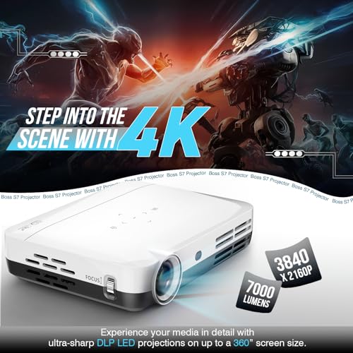 4K S7 Projector with Wi-Fi and Bluetooth, 3840 X 2160 Resolution, 7000 Lumens, Actual 3D, LED DLP Display, Ceiling/Floor Mount, HDMI for TV, Laptop, Mobile, 2GB RAM 32GB ROM