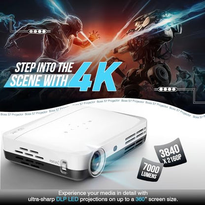 4K S7 Projector with Wi-Fi and Bluetooth, 3840 X 2160 Resolution, 7000 Lumens, Actual 3D, LED DLP Display, Ceiling/Floor Mount, HDMI for TV, Laptop, Mobile, 2GB RAM 32GB ROM