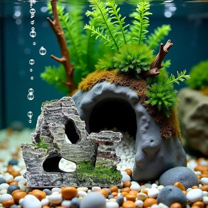 Resin Aquarium Mountain Decor with Moss Rock Cave - Multi-Level Terrain for Fish Tank Landscaping, Natural-Looking Rockery Design with Hidden Cave and Crevices for Shrimp, Reptile Habitat Aquascaping