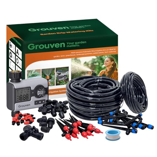 Drip Irrigation System Water Timer Automatic Irrigation Kit DIY Garden | with 1/2 inch Hose 1/4 inch Distribution Tubing and Accessories Misting System for Yard, Lawn, Patio - style: drip irrigation kits