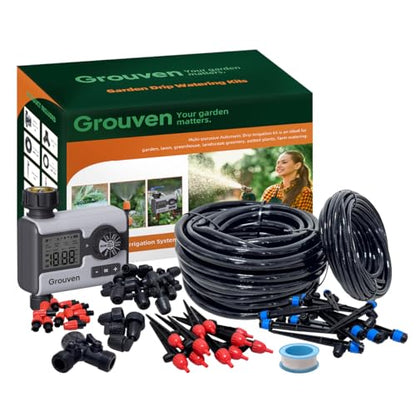 Drip Irrigation System Water Timer Automatic Irrigation Kit DIY Garden | with 1/2 inch Hose 1/4 inch Distribution Tubing and Accessories Misting System for Yard, Lawn, Patio - style: drip irrigation kits