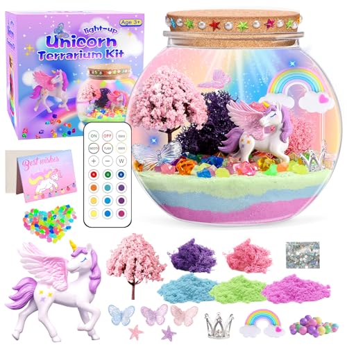 Unicorn Light-Up Terrarium Kit for Kids - Multicolor LED Night Light Birthday Gifts - Unicorn Toys for Girls Ages 4-6 7 8 9 10 Year Old - Kids Arts and Crafts Kit, Easter Ideal Gifts - style: Unicorn