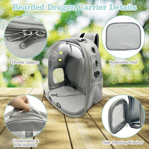 PINVNBY Bearded Dragon Carrier Backpack with Harness and Leash Set Large Reptile Travel Carrier Portable Lizard Backpack Clear Bubble Window Small Animal Carrying Bag for Gecko Kitten Rabbit (Gray) - color: Gray