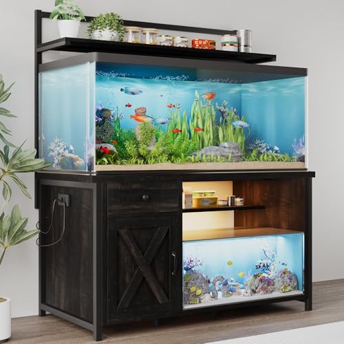 55-75 Gallon Fish Tank Stand with Storage, Aquarium Stand with Shelf, Oak | 49.2 x 19.7 In Top, Upper Shelf, LED Light, 2 Outlets, 2 USB Ports, Metal Frame Support, Turtle Tank Stand, 1100 LBS - color: Oak