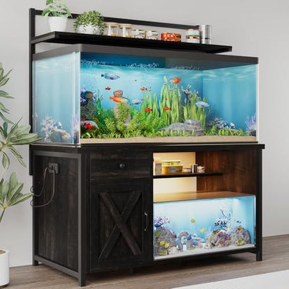 55-75 Gallon Fish Tank Stand with Storage, Aquarium Stand with Shelf, Oak | 49.2 x 19.7 In Top, Upper Shelf, LED Light, 2 Outlets, 2 USB Ports, Metal Frame Support, Turtle Tank Stand, 1100 LBS - color: Oak