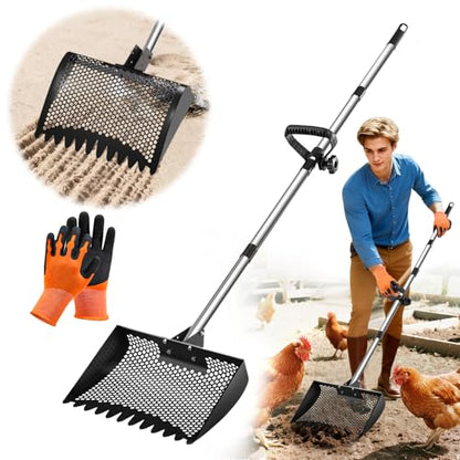 12inch Chicken Poop Scooper & Rake 2-in-1 with Adjustable Handle | Heavy Duty Metal Chicken Coop Scoop for Sand, Adjustable Angle Stainless Steel Chicken Coop Rake Litter Sifting Shovel 37-64" - color: Black