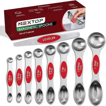Magnetic Measuring Spoons Set of 9 Stainless Steel Dual-Sided Stackable Measuring Spoon Nesting Teaspoons Measuring Dry and Liquid Ingredients, Fits in Spice Jars Set of 9 (Red) - color: Red