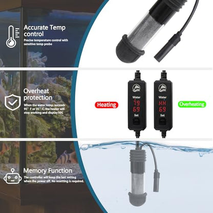 Small Aquarium Heater 25W Submersible Fish Tank Heater for 1-5 Gallons, Dual LED Display Temperature Controller, Suitable for Saltwater and Freshwater, Mini Water Heater for Betta/Turtle Tank - size: 25W