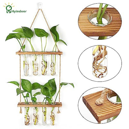 Hyindoor Wall Hanging Planter Terrarium 2 Tired Test Tube Vase Glass Planter Plant Propagation Station Plant Hangers of Rope with Wooden Stand and 8 Tubes for Hydroponic Plant Cutting - size: Small-8 Tubes