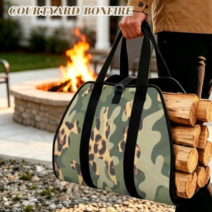 Leopard Camo Print Firewood Log Carrier Tote Bag | Water Resistant, Adjustable Buckle, Open-Ended Design, Suitable for Fireplace, RV Camping and Bonfire - color: Jungle Green Leopard Camo Mix Print