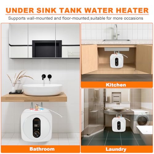 Under Sink Instant Hot Water Heater,2.5 Gallon Mini Tank Water Heaters with LED Display,1500W 120V Small Water Heater 1/2" NPT for RV,Kitchen,Compact Design with T&P Valve,3-Way Fitting Valve - color: White