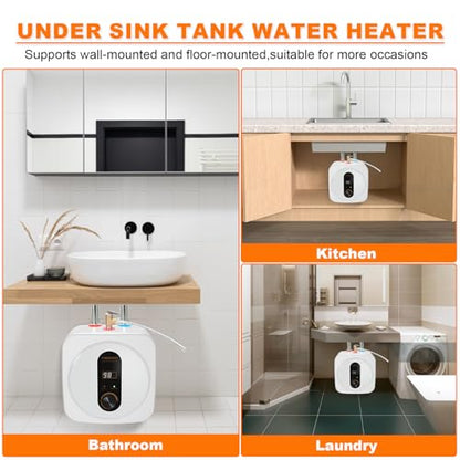 Under Sink Instant Hot Water Heater,2.5 Gallon Mini Tank Water Heaters with LED Display,1500W 120V Small Water Heater 1/2" NPT for RV,Kitchen,Compact Design with T&P Valve,3-Way Fitting Valve - color: White