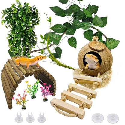 kathson 9PCS Leopard Gecko Tank Accessories,Reptile Hanging Plants and Vines Coconut Shell Hut with Ladder Habitat Decor for Climbing Bearded Dragon Lizard Snake Hermit Crab Chameleon - size: 9PCS