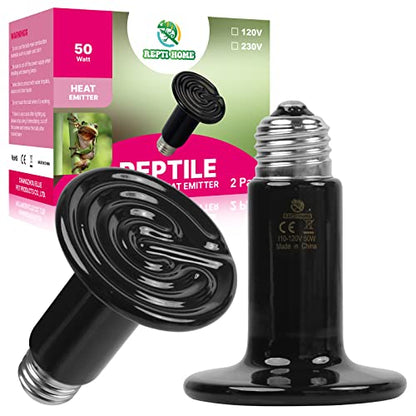 50W Ceramic Heat Emitter (2 Pack), Reptile Heat Lamp Bulbs, Ceramic Heater for Amphibian, Pet Brooder Coop, Chicken, Dog, Cat - size: 50*2